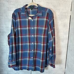 Lauren Ralph Lauren plaid button up blouse denim fall chore cozycore plus size ￼